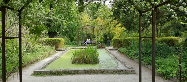 Spazierweg durch den botanischen Garten Jardin des Plantes in Montpellier mit üppiger mediterraner Vegetation und schattigen Plätzen