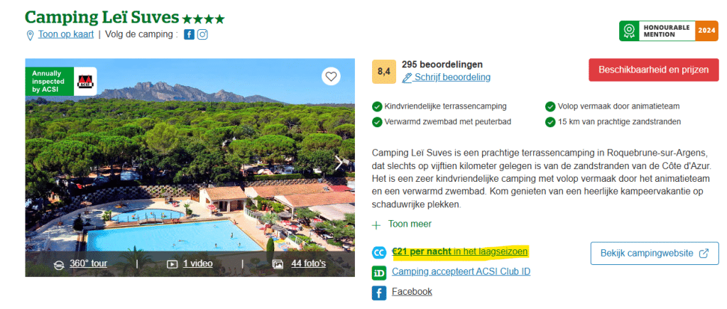 CampingCard ACSI auf Eurocampings sichtbar