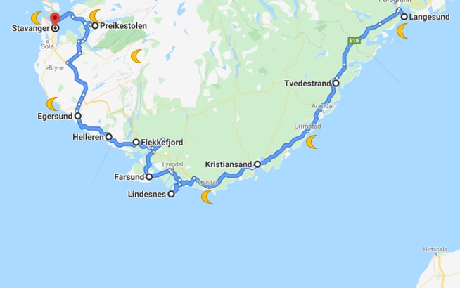 The motorhome route through Norway on the map