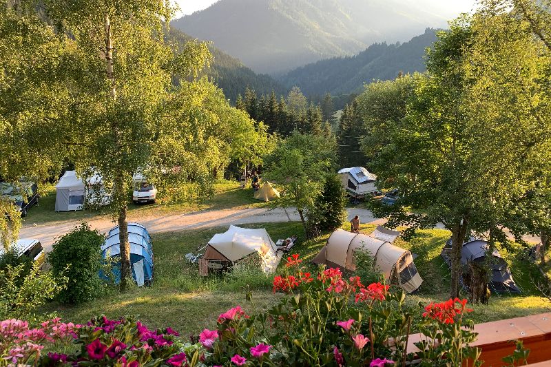 Campingplatz Dachstein in einem grünen Bergtal mit Zelten und Wohnwagen, umgeben von Bäumen und Blumen im Vordergrund